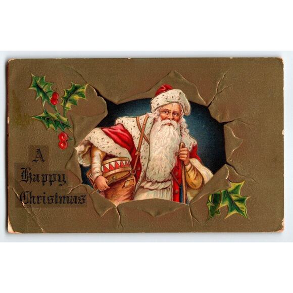 Christmas Postcard Santa Claus Old World Bursts Through Wall HSV Antique Emboss - Picture 1 of 2